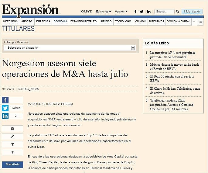 Norgestion asesora siete operaciones de M&A hasta julio